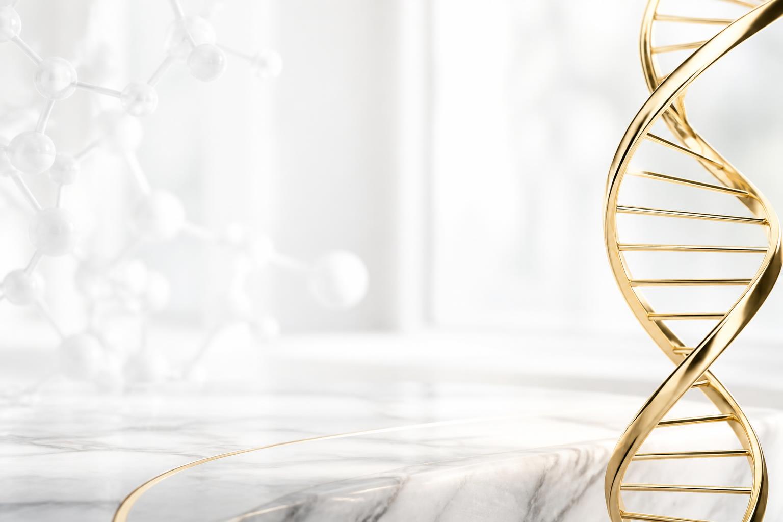 Gold DNA form in a bright scientific setting